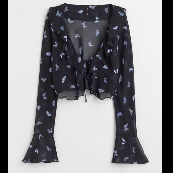 H&M Divided Black Blue Butterfly Sheer Flounce-Trimmed Chiffon Blouse Size Small - Picture 1 of 5
